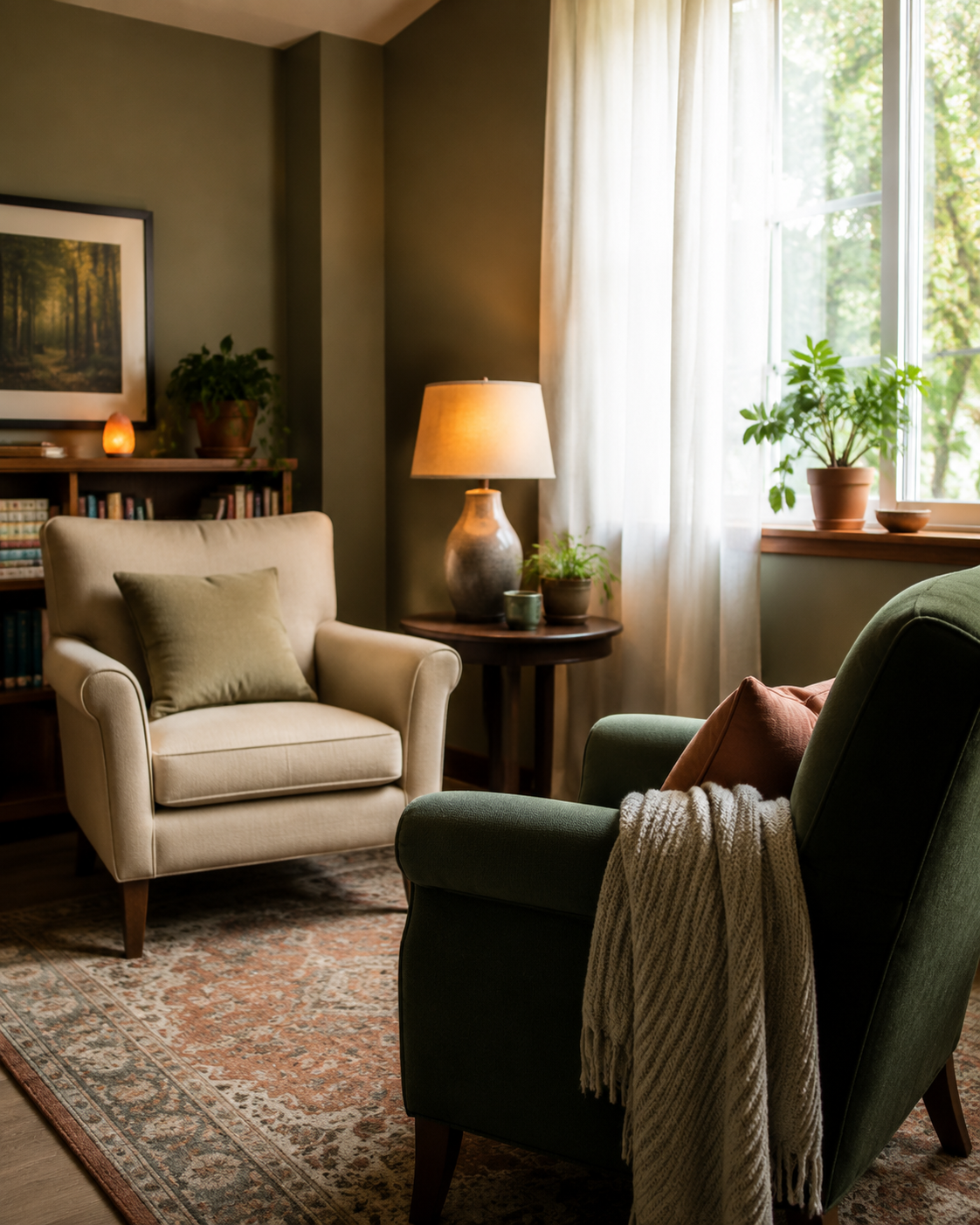 A warm therapy office with two comfortable chairs facing each other